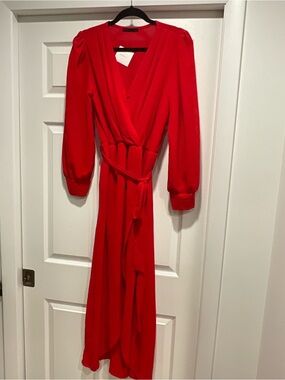 Classic Red Midi Wrap Dress with Tie Waist